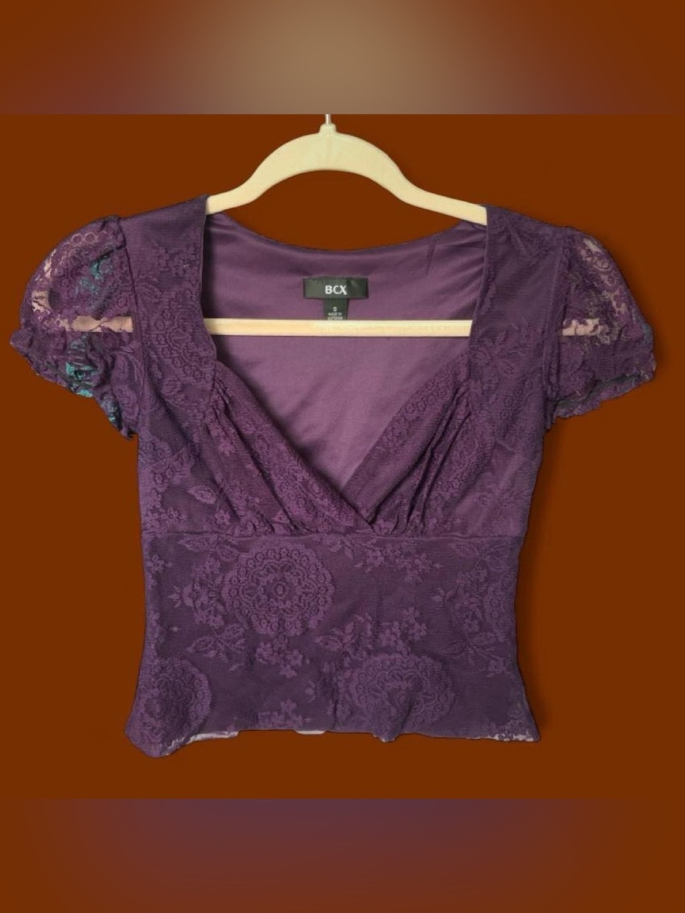 BCX Deep Purple Lace V-Neck Short Sleeve Blouse